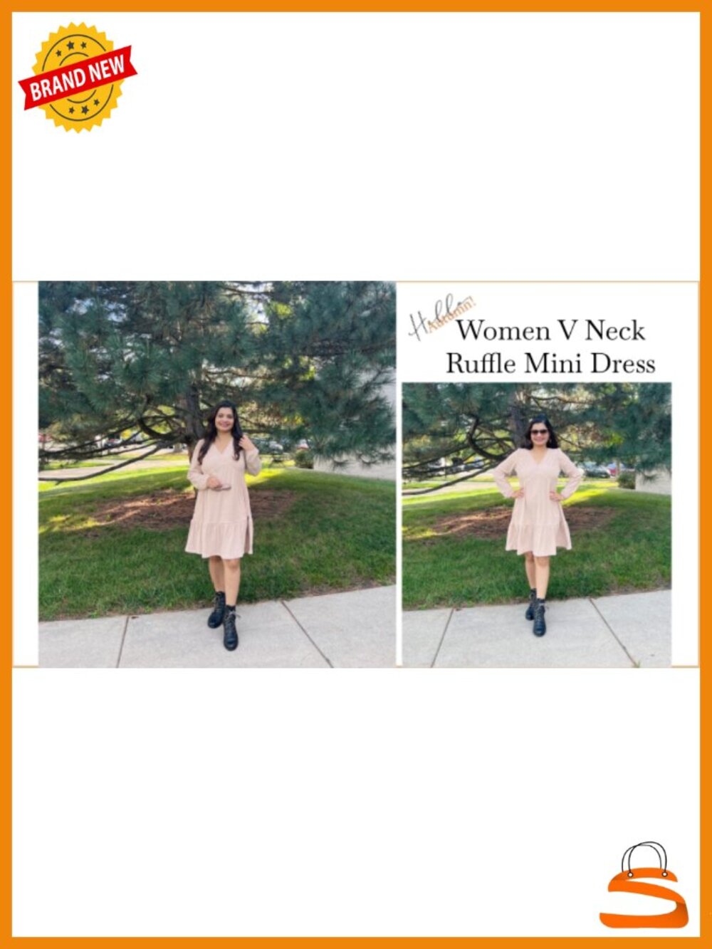 Naggoo Ribbed Knit Babydoll Sweater Dress Women Long Sleeve V Neck Ruffle Mini - Picture 6 of 6